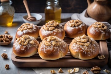 Wall Mural - Homemade sweet buns with nuts and honey on a wooden board