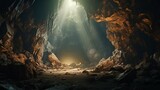 Fototapeta  - Landscape view of a great cave in the warm and golden light of sunset, cinematic view.