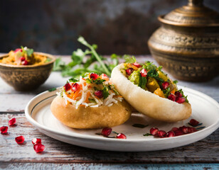 dabeli is an indian snack item served with pomegranate seeds and cilantro in white ceramic plate