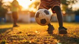 Fototapeta Sport - close up boy kicking a soccer ball