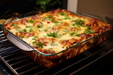 Lasagna with ricotta cheese, ground beef, mushrooms, and tomato sauce in baking dish, landscape view. Homemade Italian Lasagna with Tomato Sauce and Chicken, Served with Basil