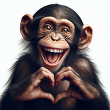 Happy Laughing Funny Monkey Portrait Making Heart Hands. Chimpanzee With Hand Fingers Making Heart Shape, Isolated On White Background