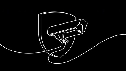 Wall Mural - Continuous one line drawing of outdoor security system with shield graphic animation. 4K resolution. Single line art CCTV, security camera motion design. Alpha channel