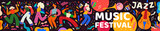 Fototapeta  - Music festival. Vector colourful illustration with musical instruments and dancing people.