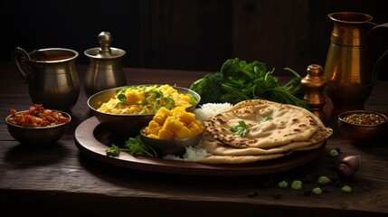 Indian breakfast on wooden table, studio lighting, food photography, 16:9