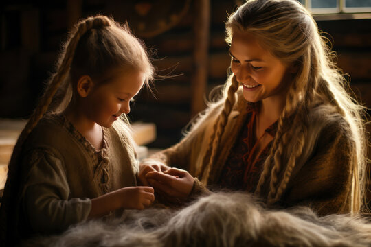 
Close-up photo of a Viking woman, mid-30s, with long, braided blonde hair, wearing a simple woolen dress and a fur cloak. She's teaching her daughter, around 6 years old, how to weave. They're inside