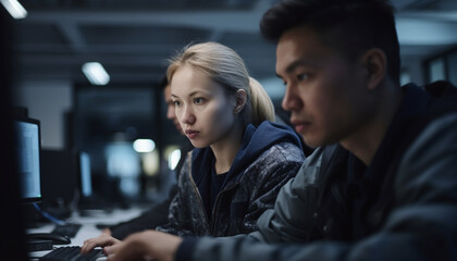 Sticker - Young adults sitting indoors, working on computers, using technology together generated by AI