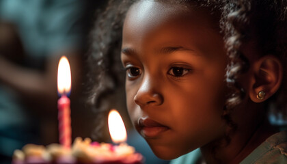 Poster - A cute African child smiling, holding a burning birthday candle generated by AI