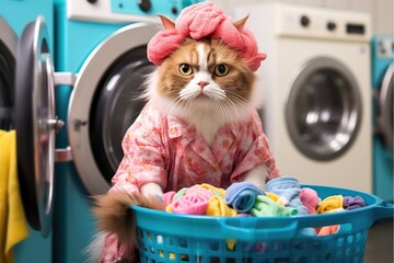 Cat lady washing clothes in the laundry room.