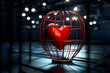 Concept for Valentine's Day - red heart in a cage on a dark background