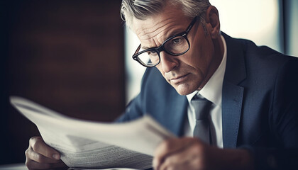 Sticker - A successful businessman reading in his office with concentration generated by AI