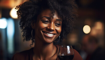 Wall Mural - Smiling young woman enjoys a drink, exuding happiness and confidence generated by AI