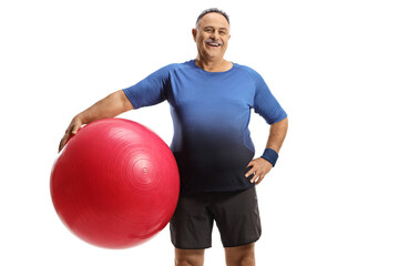 Poster - Mature man with a fitness exercise ball