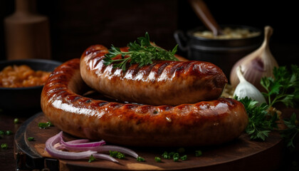 Poster - Grilled pork, beef, and bratwurst on a rustic wood table generated by AI