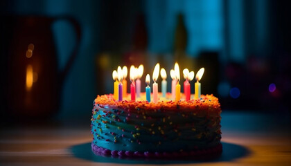 Wall Mural - Birthday cake with candles burning, surrounded by colorful decorations and candy generated by AI