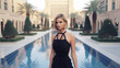 Beautiful young Model in black dress with walking on Dubai Downtown