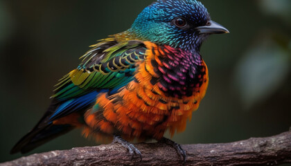 Poster - Majestic macaw perching on branch, vibrant feathers, close up portrait generated by AI