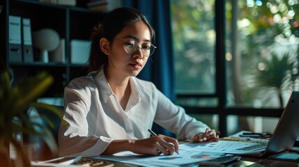 Poster - Asian businesswoman calculating income-expense and analyzing tables Real estate investment figures graph and growth of the company The concept of monetary and tax systems