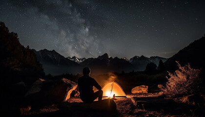 Canvas Print - Silhouette of one person sitting, gazing at the Milky Way generated by AI