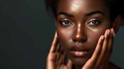 Beauty portrait of African American girl . Beautiful black woman touch her face . Facial treatment . Cosmetology , skin care and spa