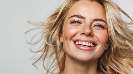 Sticker - Beauty portrait of blonde smiling laughing woman 35 year clean fresh face isolated on white background