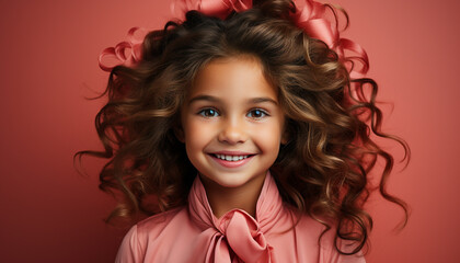 Poster - Smiling portrait of a cute curly haired girl, cheerful and happy generated by AI