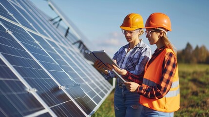 Canvas Print - Businessman and worker women examining photovoltaic panels. Concept of alternative energy and its maintenance