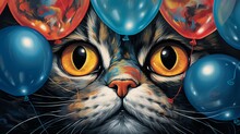 A Close-up Of A Cat's Face, Eyes Wide With Wonder, As A Reflection Of Vibrant Balloons Shines In Its Eyes.
