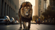 A Lion Walking Down A City Street