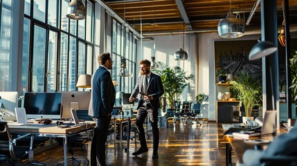 Businessmen discussing plans in modern office