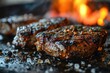 Large juicy beef rib eye steak on a hot grill