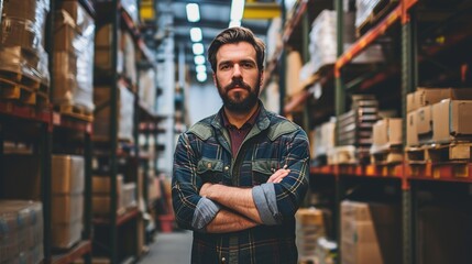 Wall Mural - confident worker standing arms crossed in distribution warehouse