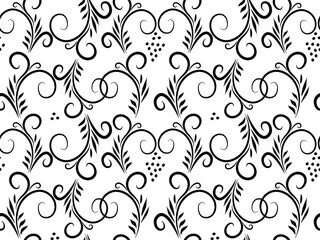 Seamless black and white doodle pattern with ethnic floral pattern