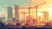 Construction Site Background. Hoisting Cranes And New Multi-storey Buildings. Industrial Background