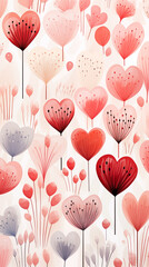 Wall Mural - Valentine's day watercolor abstract hearts background card, delightful boho illustration, artistic doodle