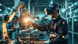 engineer using vr Glasses for controlling the robotic welding arm in the factory production line