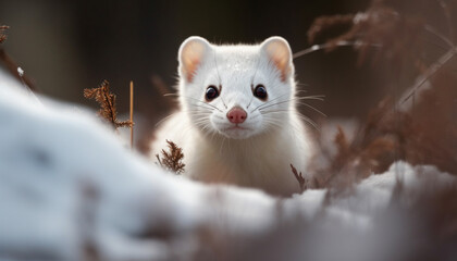 Sticker - A cute furry ferret sitting on a snowy branch outdoors generated by AI