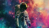 Fototapeta Kosmos - Cosmic Adventure: 80s Astronaut with Neon Galaxies Poster
