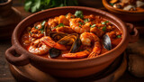 Fresh seafood stew with mussels, prawns, and crustaceans in tomato sauce generated by AI