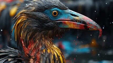 Wall Mural - bird covered in oil after an environmental disaster, highlighting pollution consequences generative ai