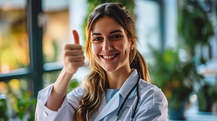 Wall Mural - Happy woman, doctor and portrait with thumbs up for healthcare, winning or success at the hospital.