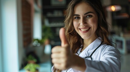 Wall Mural - Happy woman, doctor and portrait with thumbs up for healthcare, winning or success at the hospital.