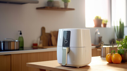 A stylish white air fryer perched elegantly on the kitchen counter