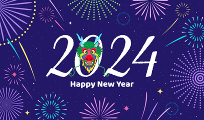 Wall Mural - Happy New Year 2024 cartoon poster vector illustration. Year of the Dragon on firework display.