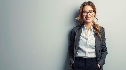 Sticker -  Portrait of a smiling business woman standing with hands in pockets against copy space ad new isolated over bright white color background