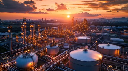 Wall Mural - Oil and gas refinery plant or petrochemical industry on sky sunset background