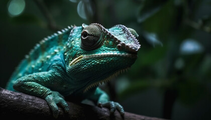 Wall Mural - A cute green lizard in the wild, looking at camera generated by AI