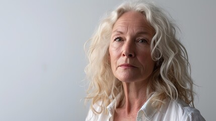 Canvas Print - Senior blonde woman looking at the camera while standing against white background