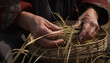 A farmer weaving organic wool, holding a basket of harvested crops generated by AI