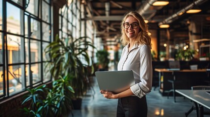 Poster - Smart People with Technologies to Boost Business Success. Portrait of Confident Young Female Entrepreneur standing while holding a laptop in a modern business office